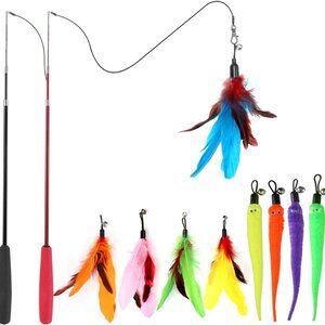 Interactive Cat Toys - Retractable Wand Toy and Feather Toys Refills for Indoor